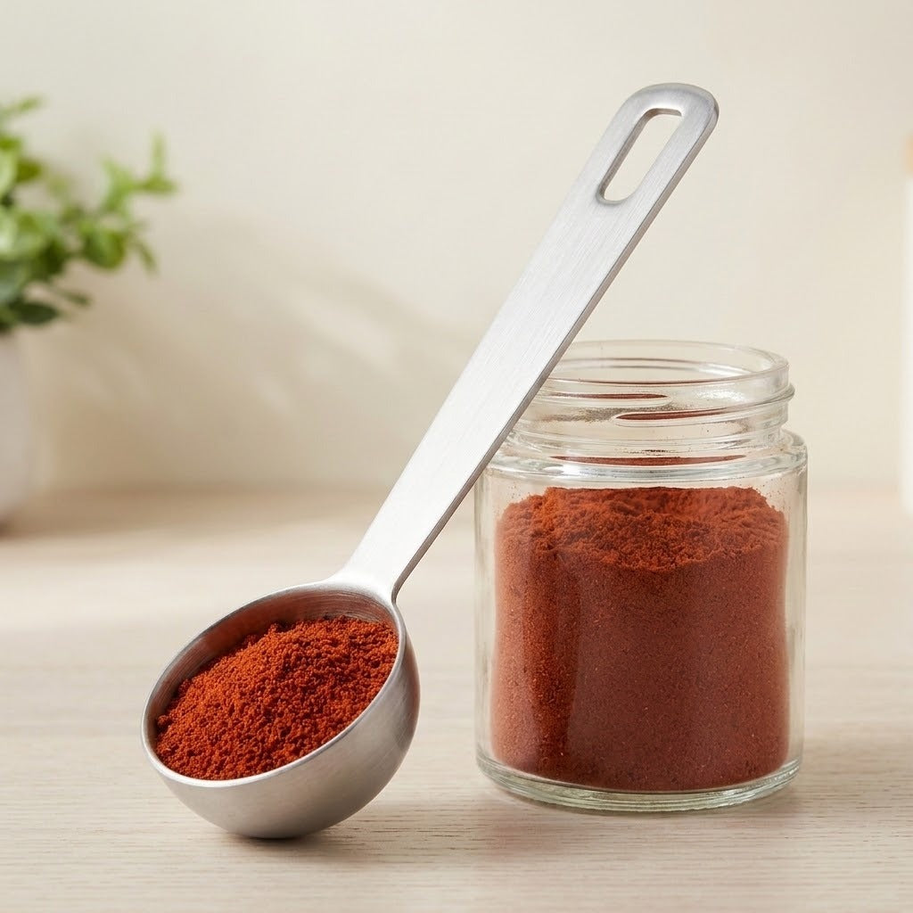 A silver stainless steel measuring spoon filled with red ground spice leans against a clear spice jar on a pale wooden surface.