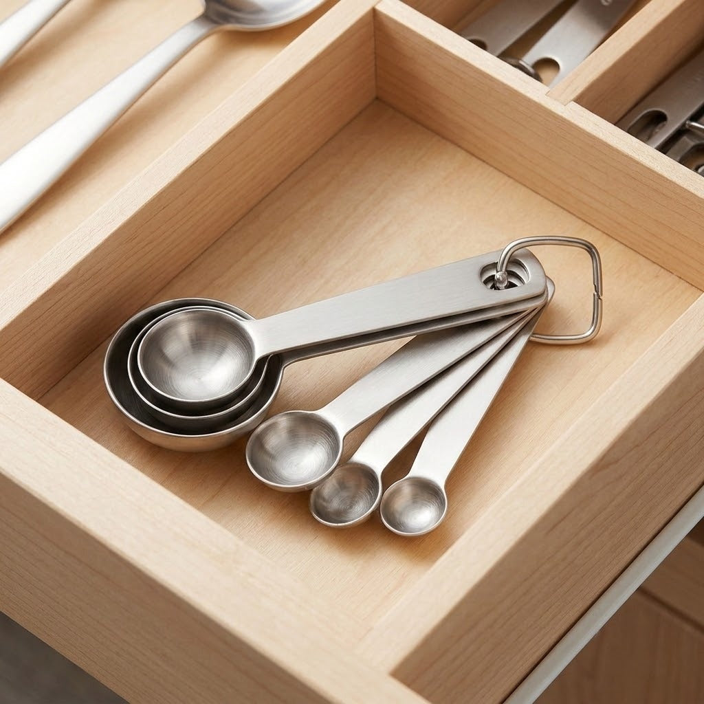 Silver stainless steel measuring spoons attached to a metal ring sit partly nested in a pale wooden drawer compartment.