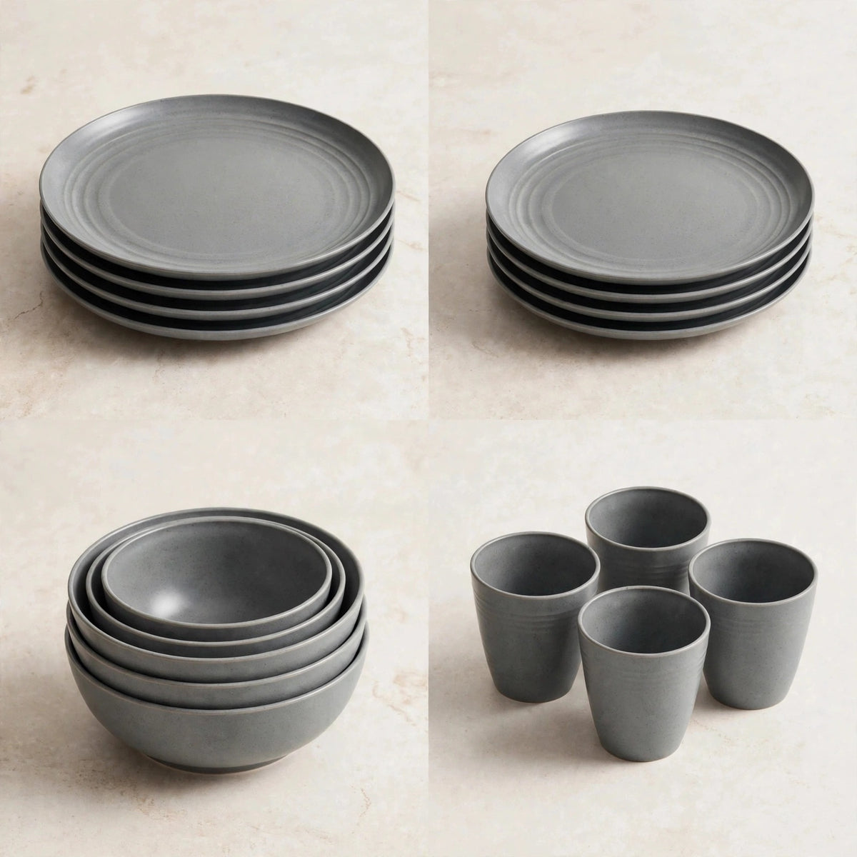 Four stacked groups of grey dinnerware showing plates, bowls, and cups on a beige surface.