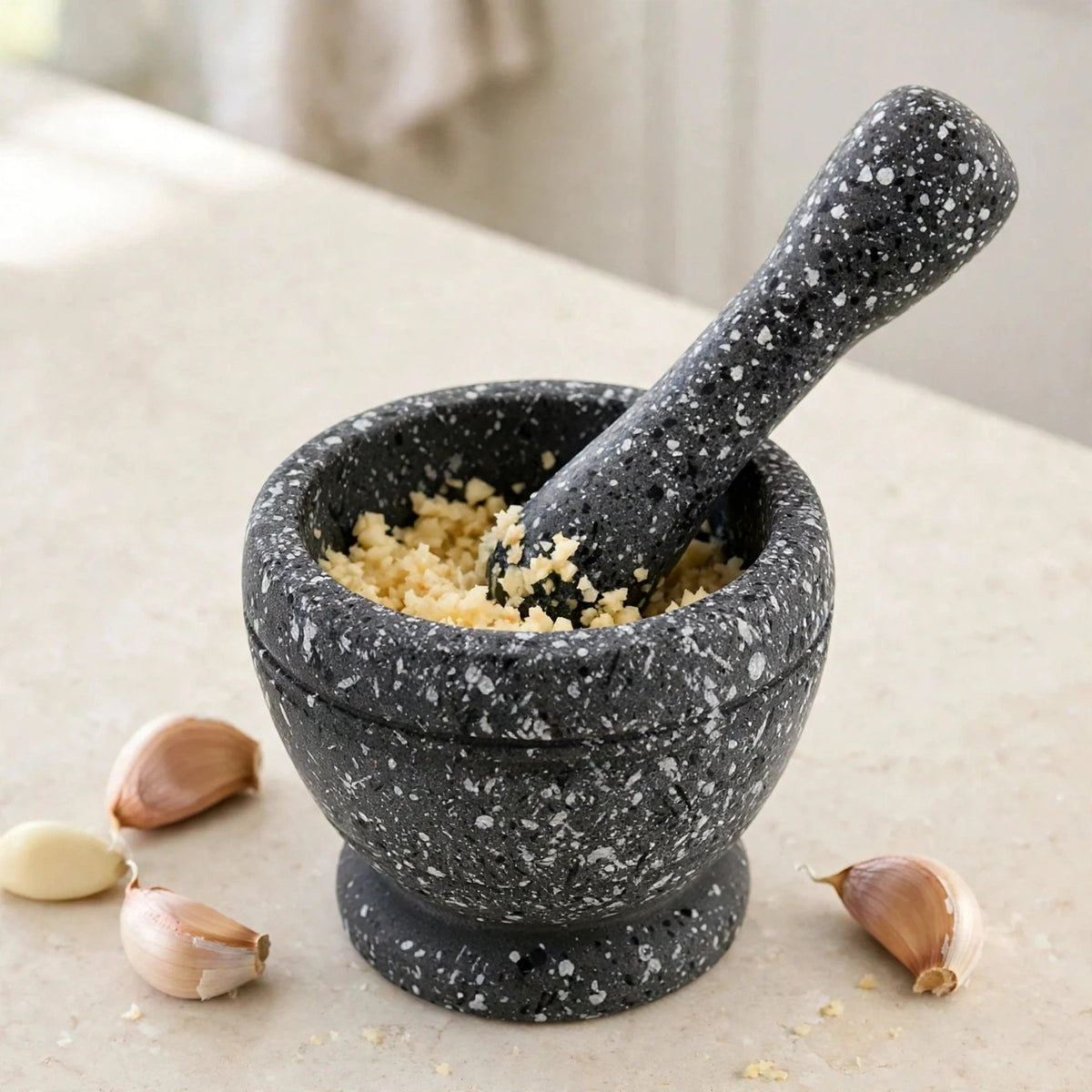 A dark gray and white speckled stone mortar and pestle set on a light beige countertop, with garlic cloves and minced garlic around it.