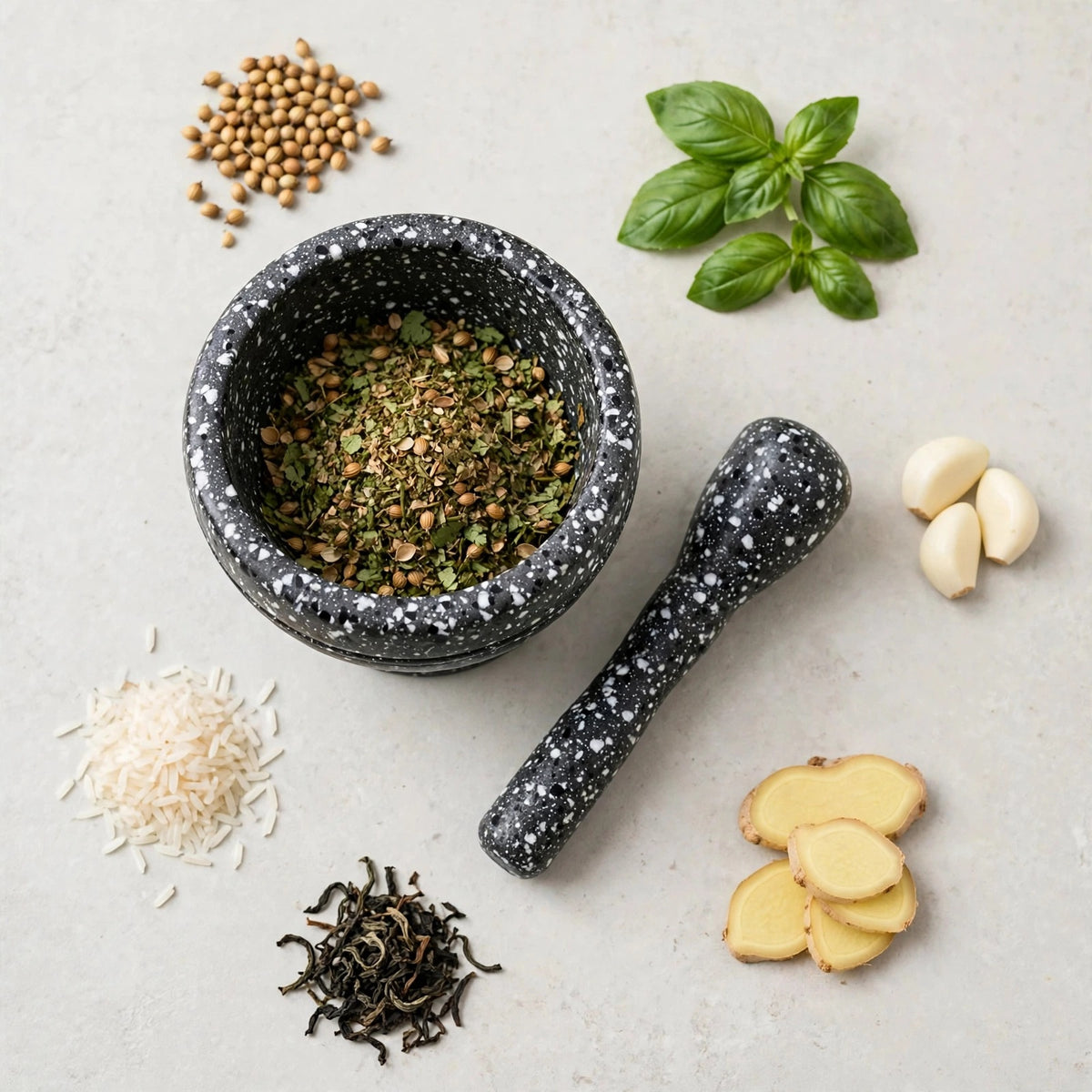 A speckled dark gray and white stone mortar and pestle filled with ground herbs, arranged on a light stone surface with surrounding ingredients including basil leaves, garlic cloves, rice grains, ginger slices, and loose tea leaves.