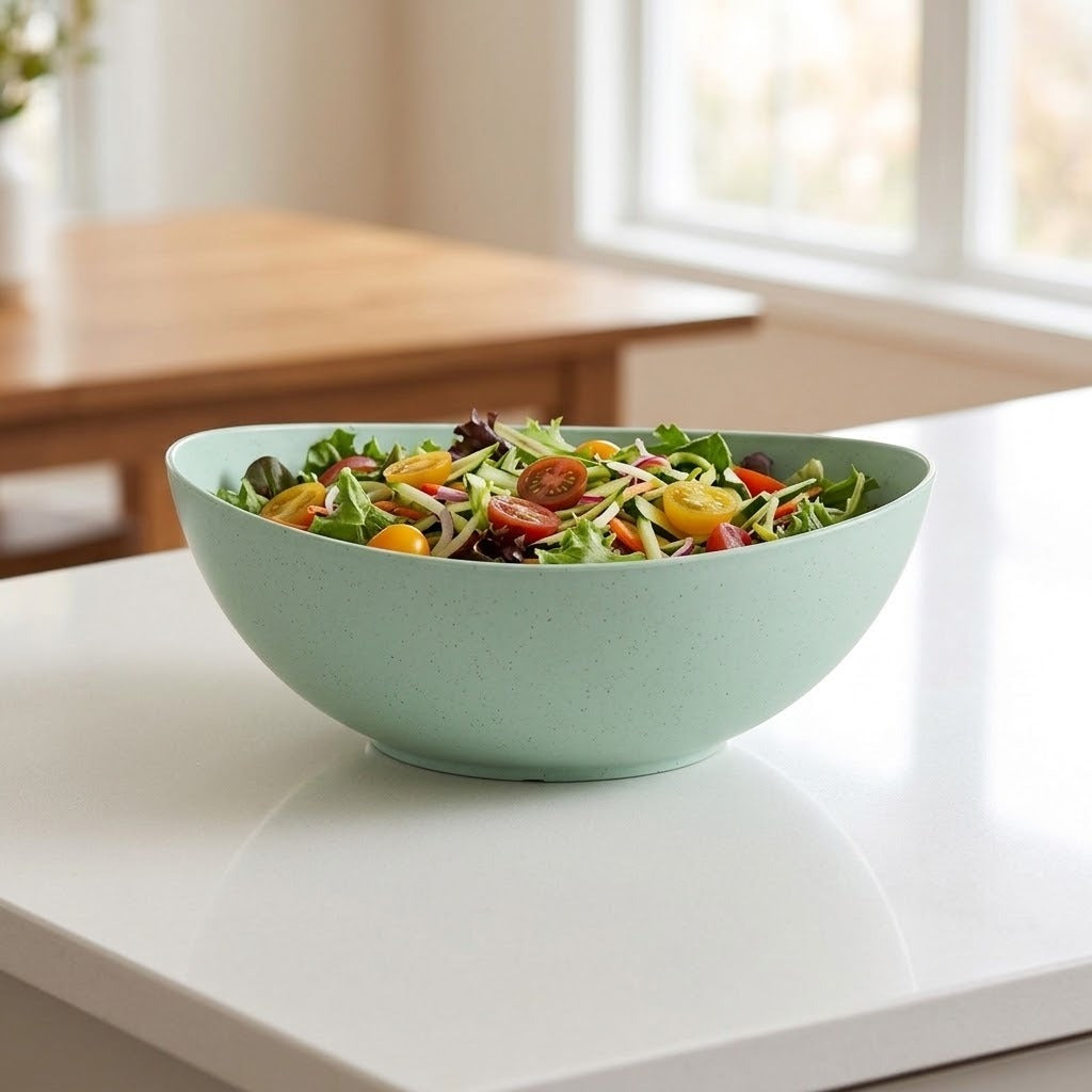 A light mint green speckled salad bowl filled with a colorful mixed salad, set on a white kitchen counter with a blurred wooden table and window in the background.