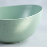A close-up of a ceramic bowl with a pale mint green glaze and subtle brown speckles, set against a neutral light gray background.