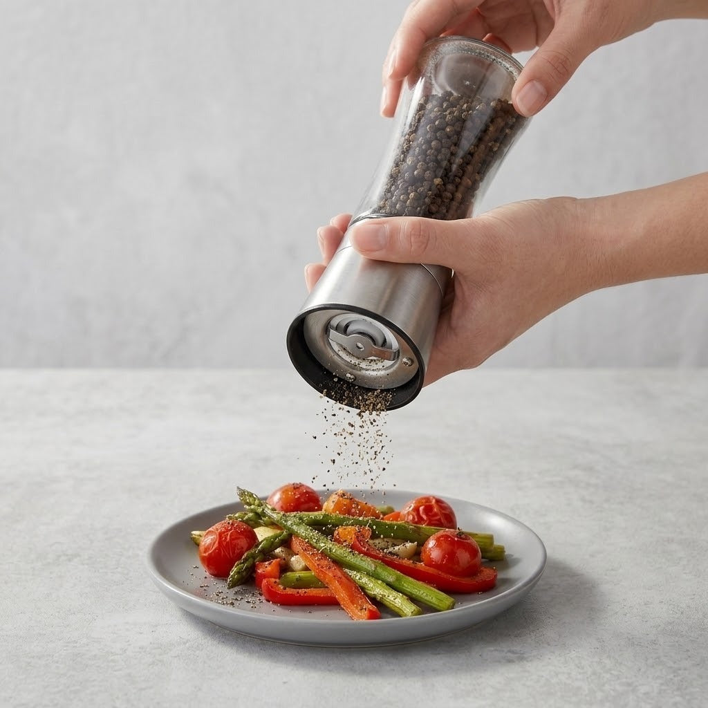 A person's hands holding a stainless steel and glass pepper grinder over a plate of cooked vegetables, with black peppercorns falling onto the asparagus, tomatoes, and peppers.