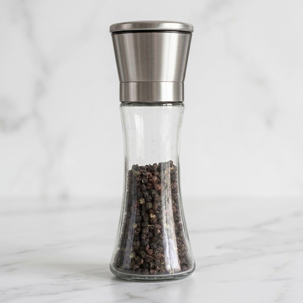 A clear glass pepper mill container filled with whole peppercorns, featuring a brushed stainless steel top, set on a white marble surface with a matching marble background.