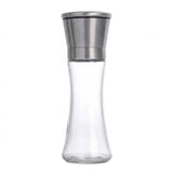 A clear glass bottle with a brushed stainless steel top cap, shown against a plain white background.