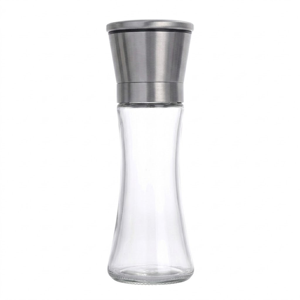 A clear glass bottle with a brushed stainless steel top cap, shown against a plain white background.