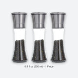 Three clear glass pepper mills with brushed silver metal tops, shown side by side on a light gray background with the text '6.8 fl oz (200 ml) - 1 Piece' below.
