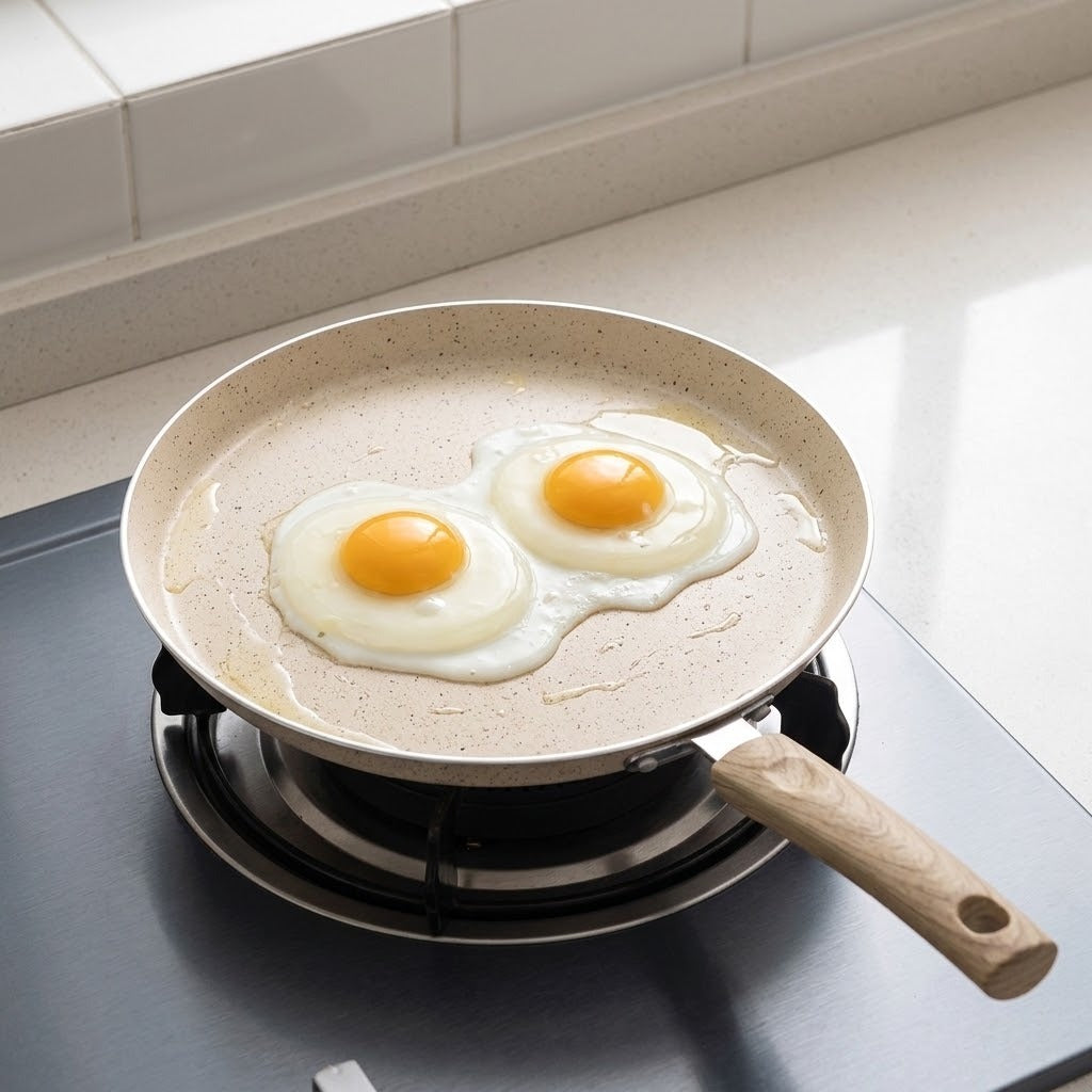 A speckled beige non-stick frying pan with a light wood handle sits on a stovetop burner, cooking two sunny-side-up eggs in a bright kitchen setting.