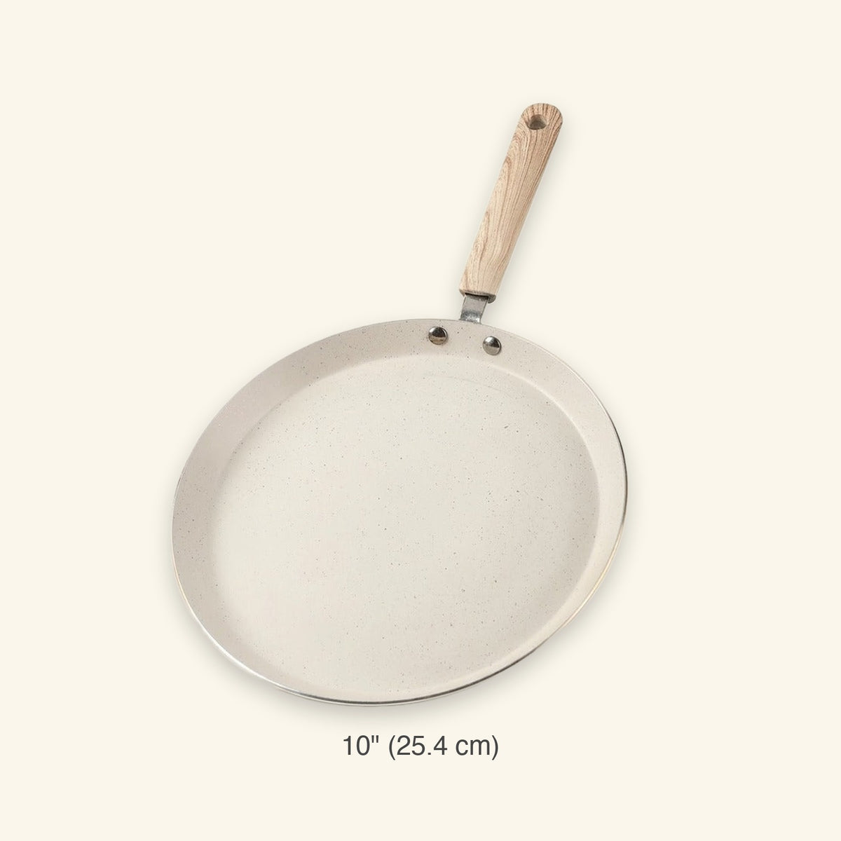 A 10-inch round non-stick frying pan with a speckled off-white interior and a light wood handle, shown on a light cream background with a size label below.