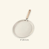 Beige frying pan with a wood-grain handle on a cream background, labeled 8 inches (20.3 cm).