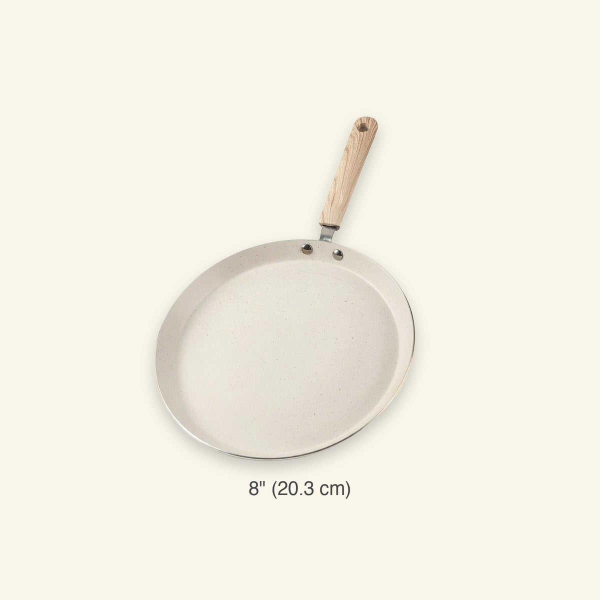 Beige frying pan with a wood-grain handle on a cream background, labeled 8 inches (20.3 cm).