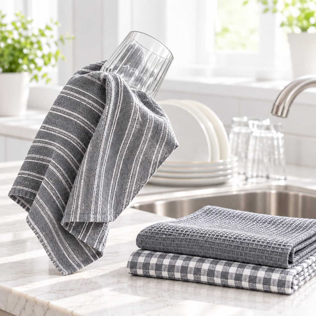 Gray kitchen towels with white stripes and a gray-and-white gingham pattern, displayed on a marble countertop near a sink with stacked plates and glasses in a bright kitchen setting.