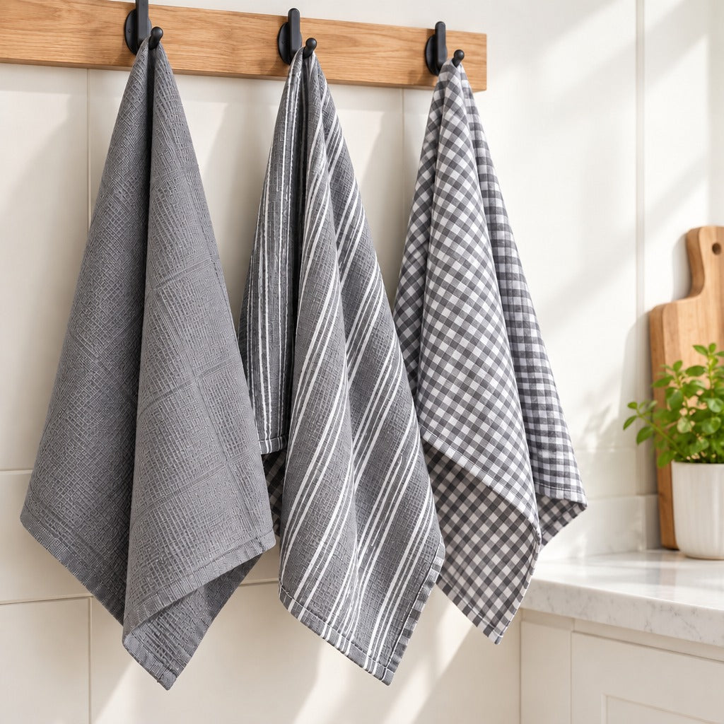 Three kitchen towels hanging from black hooks on a wooden rack: a gray waffle-weave towel, a gray striped towel, and a gray-and-white gingham towel, shown in a bright kitchen setting.