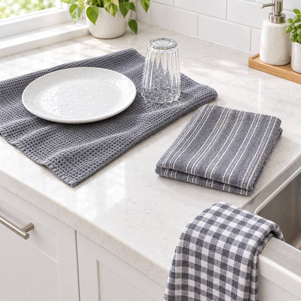 Three gray kitchen towels displayed on a white marble countertop: a waffle-weave placemat with a white plate and clear glass, a folded striped towel, and a plaid towel draped over the sink.