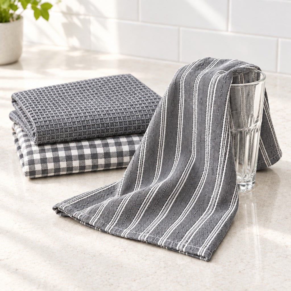 Two folded kitchen towels on a light countertop: one gray waffle-weave towel stacked on top of a gray and white gingham towel, with a gray striped cloth draped over a clear glass. A white subway-tile wall and a small plant are visible in the background.