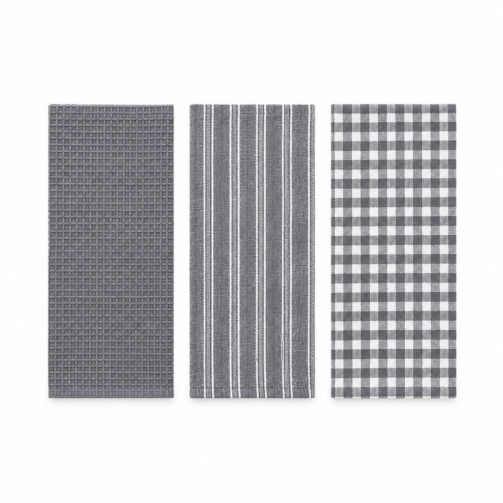 Three rectangular kitchen towels in gray and white patterns, displayed side-by-side on a plain white background. The left towel has a textured geometric grid pattern, the middle towel has vertical stripes, and the right towel has a classic gingham check pattern.