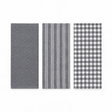 Three rectangular kitchen towels in gray and white patterns, displayed side-by-side on a plain white background. The left towel has a textured geometric grid pattern, the middle towel has vertical stripes, and the right towel has a classic gingham check pattern.