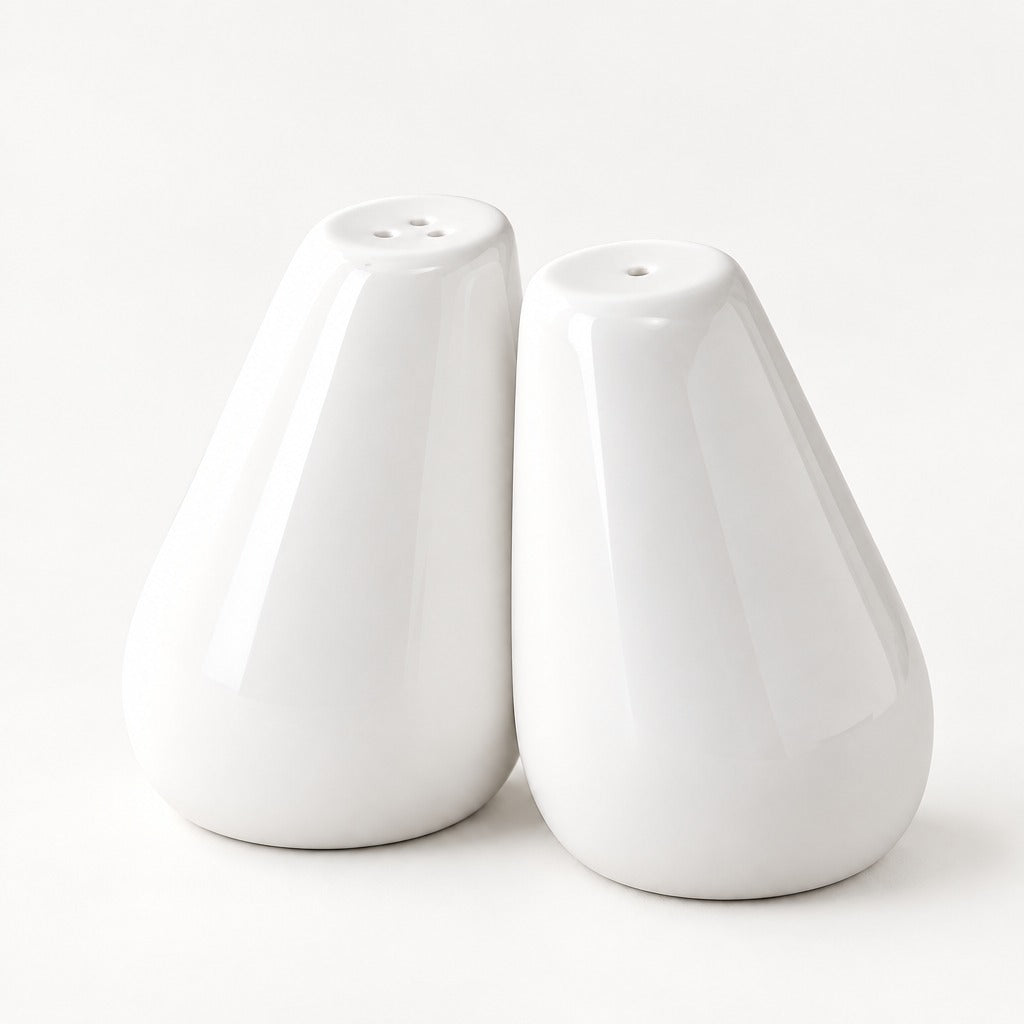 A pair of glossy white teardrop-shaped salt and pepper shakers on a seamless white background.