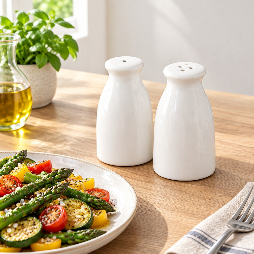 Two white ceramic salt and pepper shakers on a light wood table next to a plate of cooked vegetables, with a small potted basil plant and a glass of olive oil in the background.