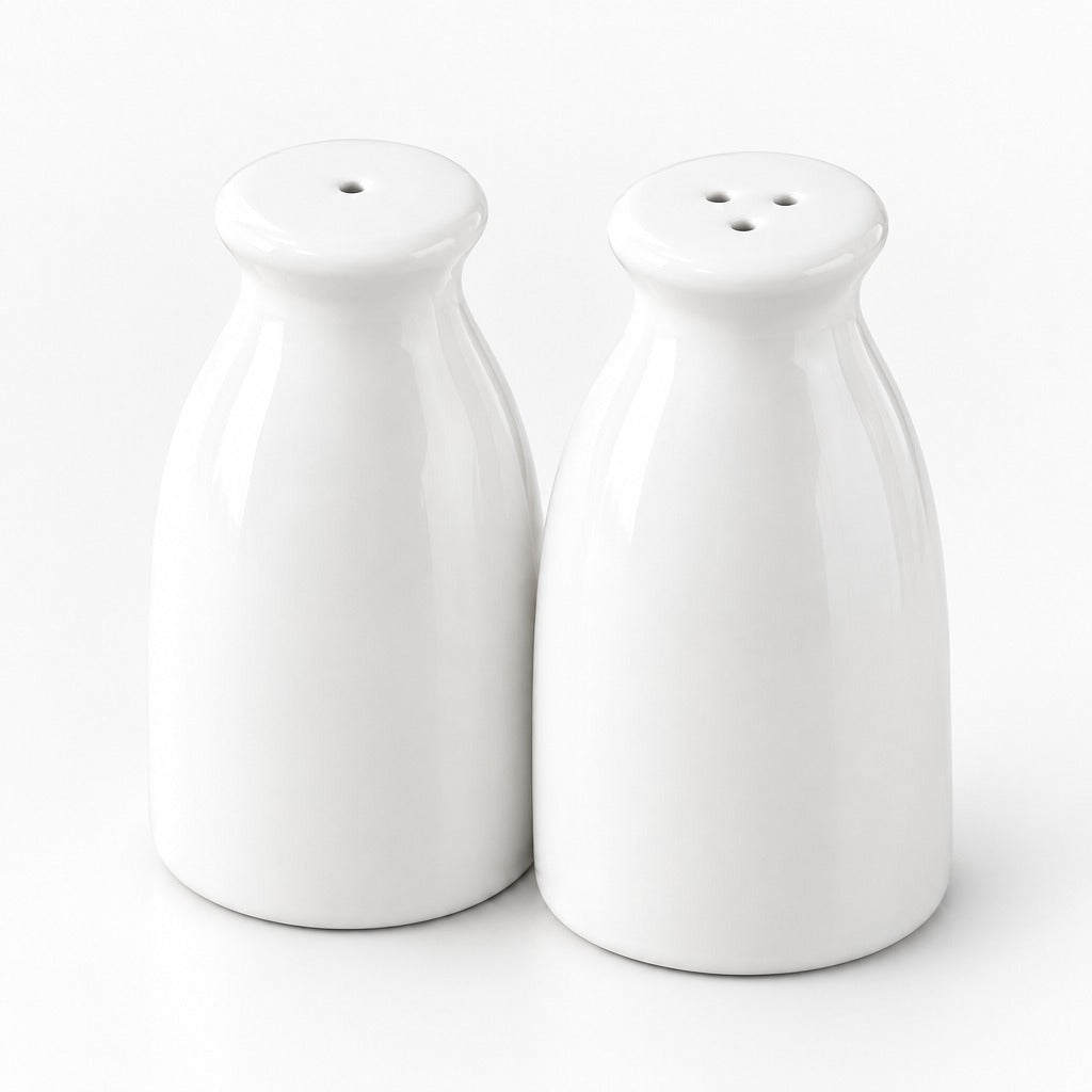 Two glossy white ceramic salt and pepper shakers with a minimalist bottle-like design, shown side-by-side on a clean white background.