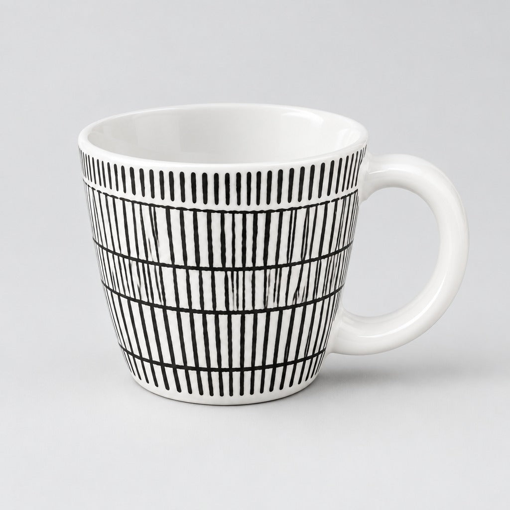 A white ceramic coffee mug with a black hand-drawn vertical stripe pattern, shown on a light gray background.