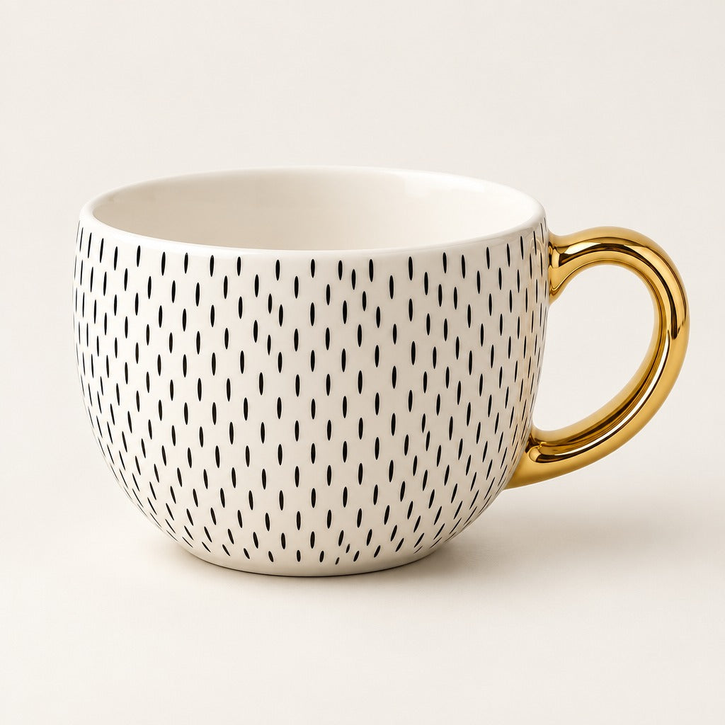 A white ceramic coffee mug with a black dotted vertical line pattern and a shiny gold handle, set against a plain off-white background.