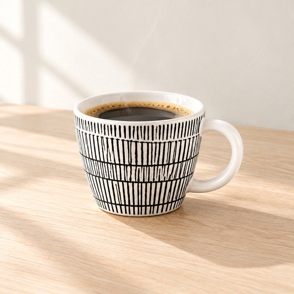 A white ceramic coffee mug with a black hand-drawn vertical stripe pattern, filled with black coffee and sitting on a light wood table in soft window shadows.