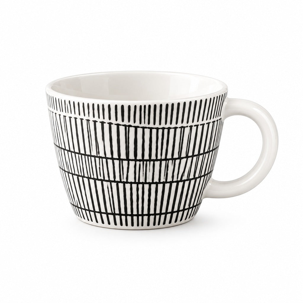 A white ceramic coffee mug with a black hand-drawn vertical stripe pattern, shown on a clean white background.