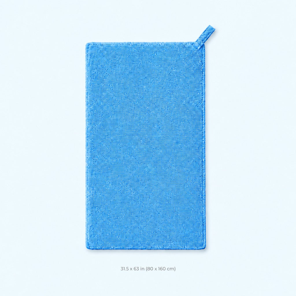 A royal blue rectangular towel with a small matching loop at the top corner, shown flat against a light blue background with size text in the lower right.