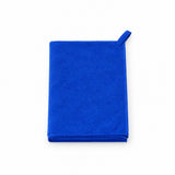 A folded royal blue microfiber cleaning cloth with a small matching loop handle, shown on a plain white background.