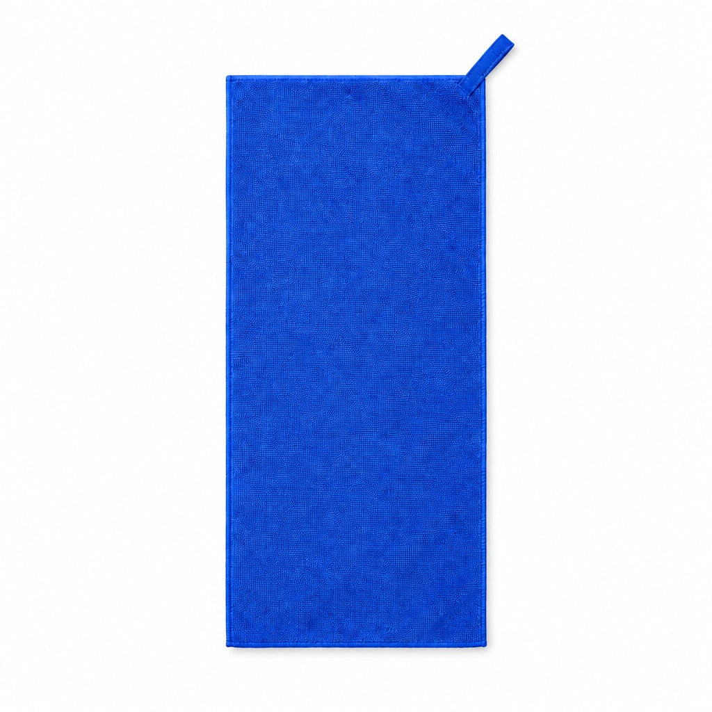 A bright royal blue rectangular towel or cloth with a small matching blue loop at the top right, shown flat against a plain white background.