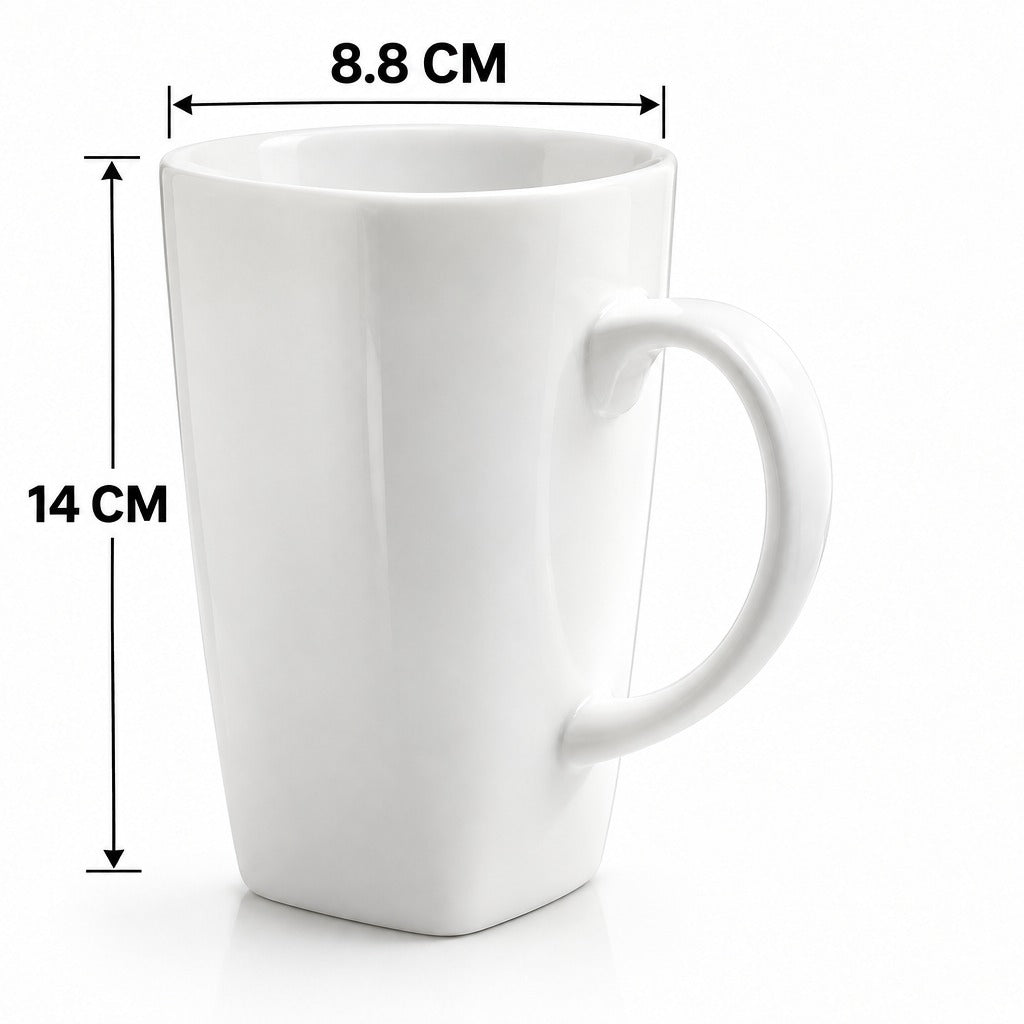 White ceramic mug with dimension annotations showing a height of 14 cm and a width of 8.8 cm, on a white background.