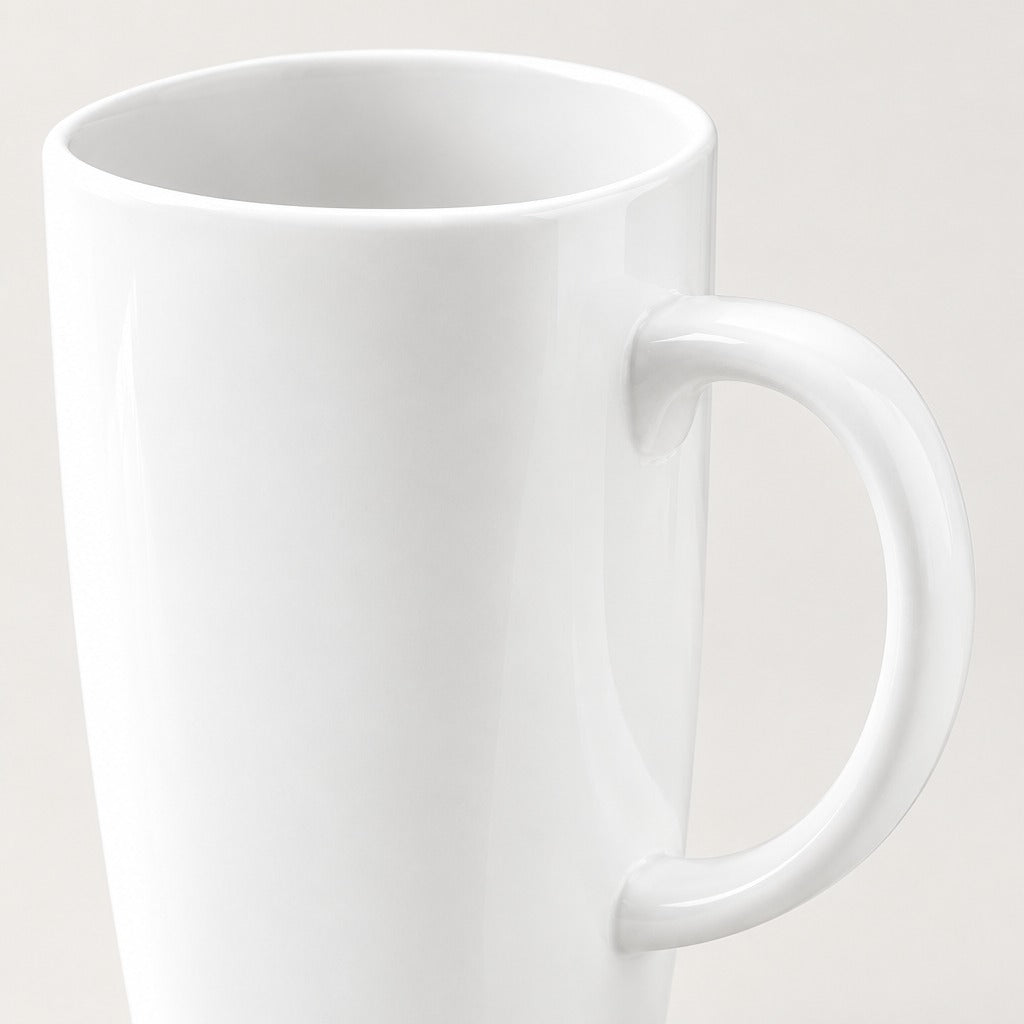 A close-up of a glossy white ceramic mug with a curved handle, shown against a plain light beige background.
