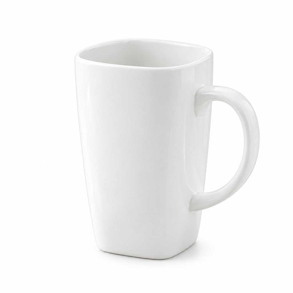 A white ceramic mug with a square shape and a curved handle, shown on a plain white background.