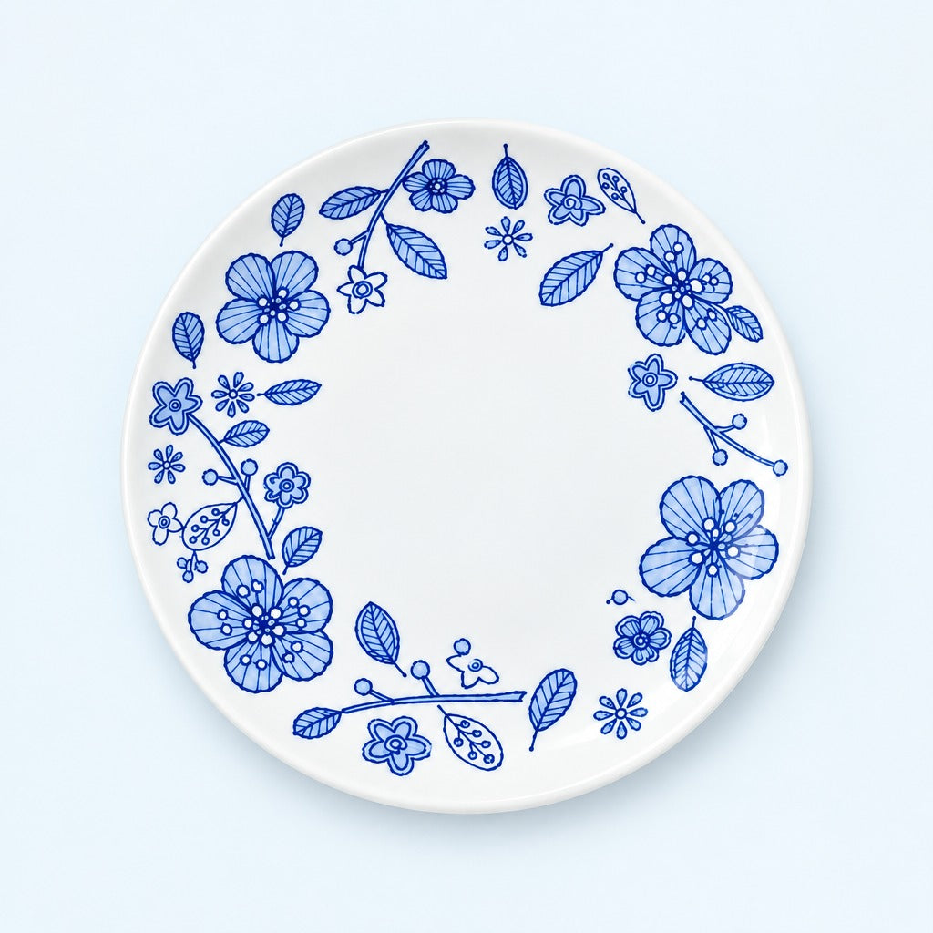 A round white ceramic plate with a delicate blue floral border pattern, photographed from directly above on a light blue background.