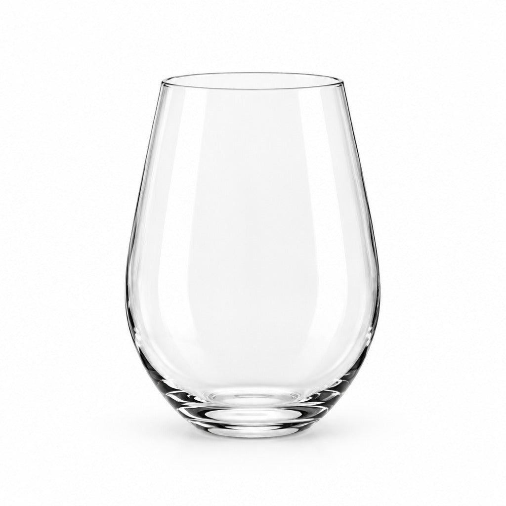 A clear, stemless wine glass with a rounded, bulbous shape and a thick base, shown on a seamless white background.