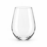 A clear, stemless wine glass with a rounded, bulbous shape and a thick base, shown on a seamless white background.