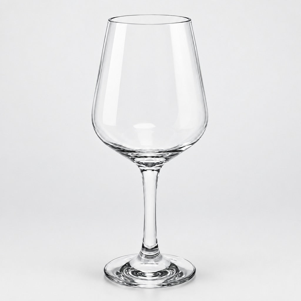 A clear stemmed wine glass with a wide bowl, photographed against a light gray studio background.