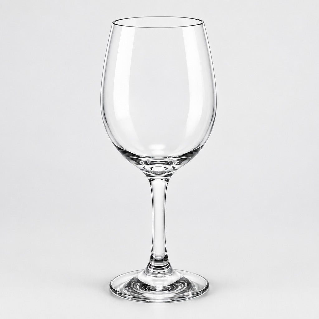 A clear stemmed wine glass with a wide bowl, shown on a light gray studio background.