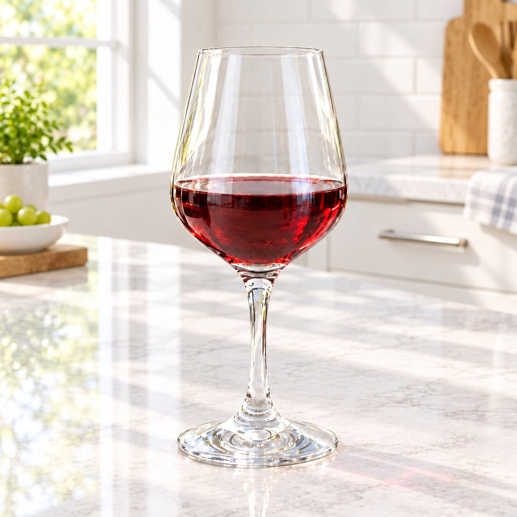 A clear wine glass with a wide bowl, partially filled with red wine, standing on a light marble kitchen countertop with a bright kitchen background.