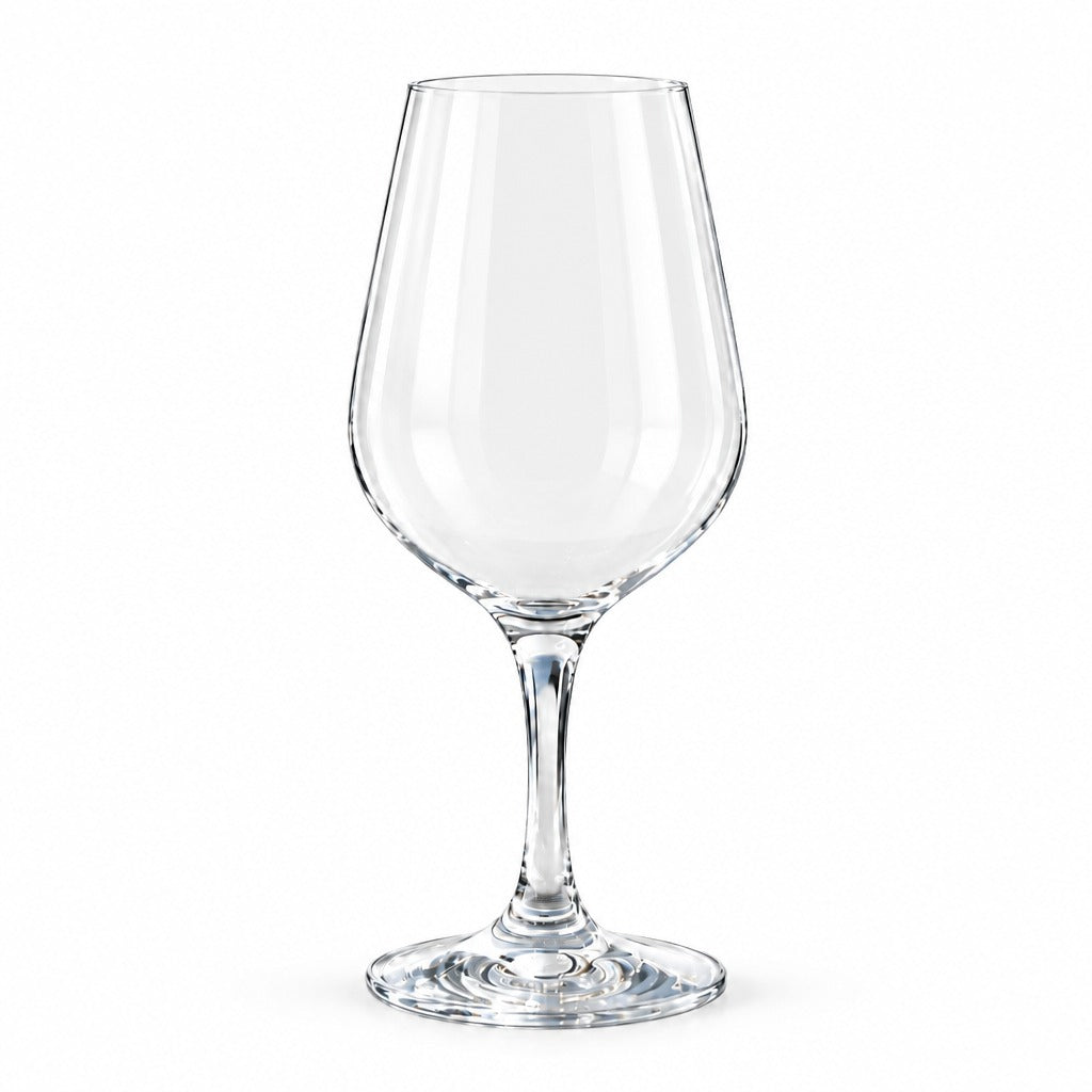 A clear glass wine glass with a wide, gently flared bowl, a slender stem, and a round foot, photographed on a clean white background.