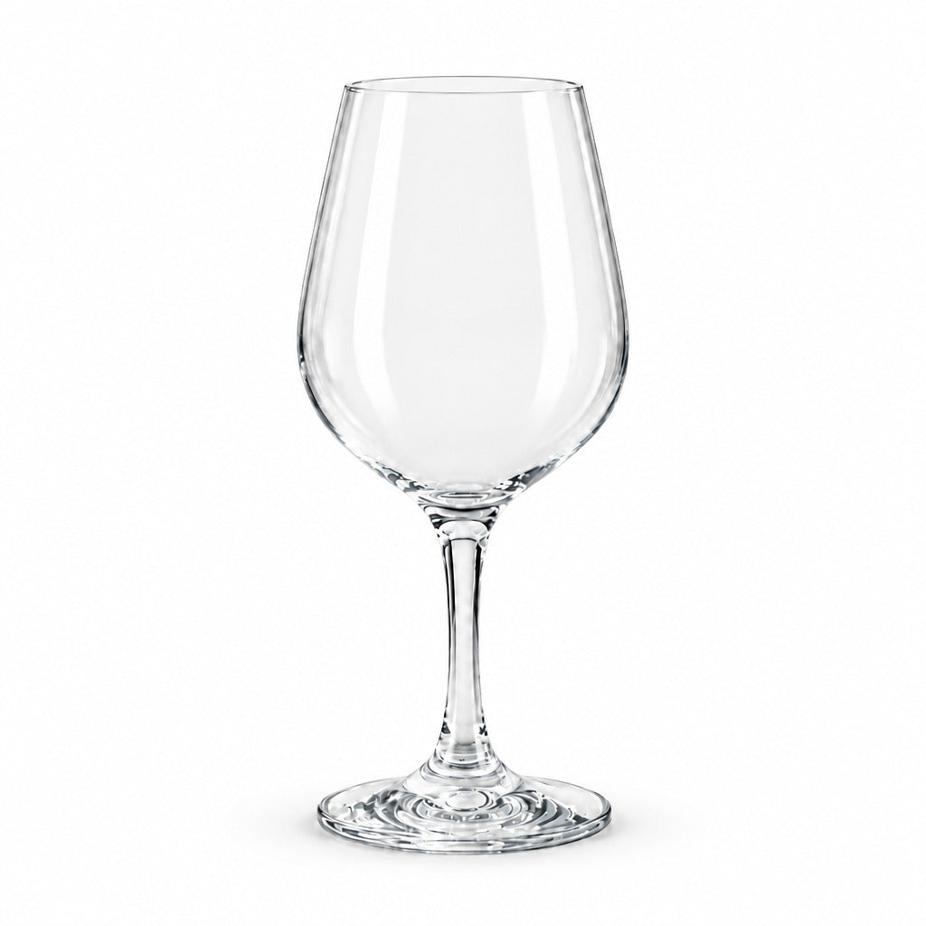 A clear glass wine glass with a wide, gently flared bowl, a slender stem, and a round foot, photographed on a clean white background.