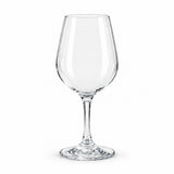 A clear glass wine glass with a wide, gently flared bowl, a slender stem, and a round foot, photographed on a clean white background.