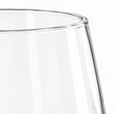 Close-up of a clear glass tumbler showing the rim and side profile against a white background.