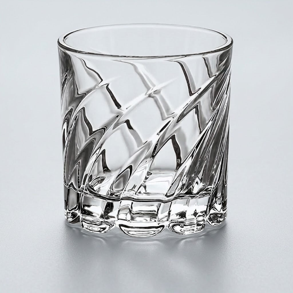 A clear cut-crystal whiskey glass with a diagonal diamond pattern and a thick ribbed base, shown on a light gray reflective surface.