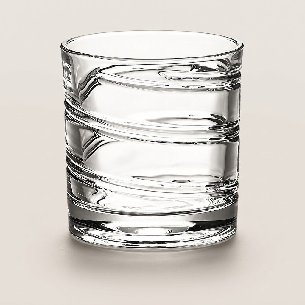 A clear textured glass tumbler with horizontal ridges, photographed on a neutral light beige background.