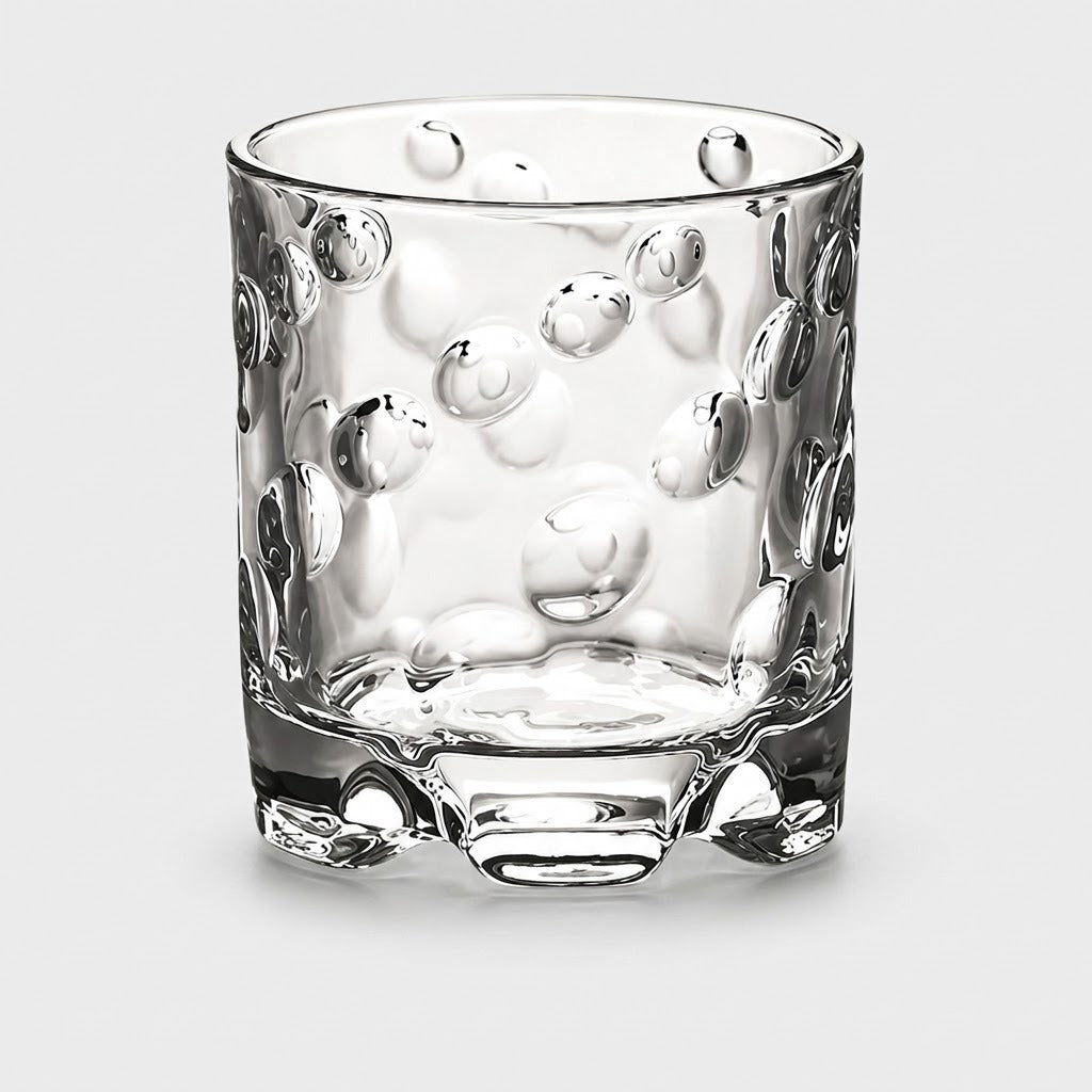 Clear glass tumbler with raised rounded dots and a thick sculpted base stands against a light grey background.