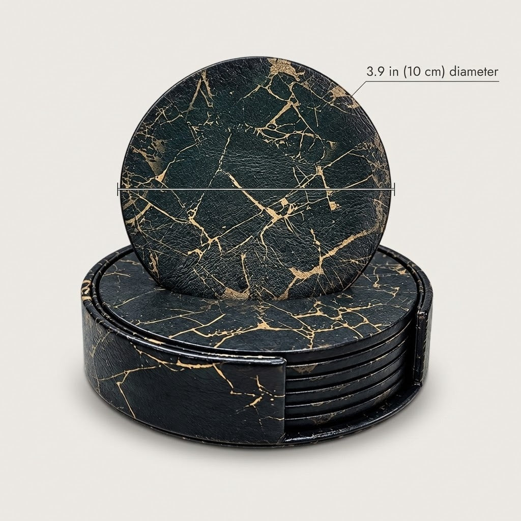 A set of round black coasters with a gold marble pattern, shown with one standing upright and one lying flat to display the stack. A text overlay indicates a diameter of 3.