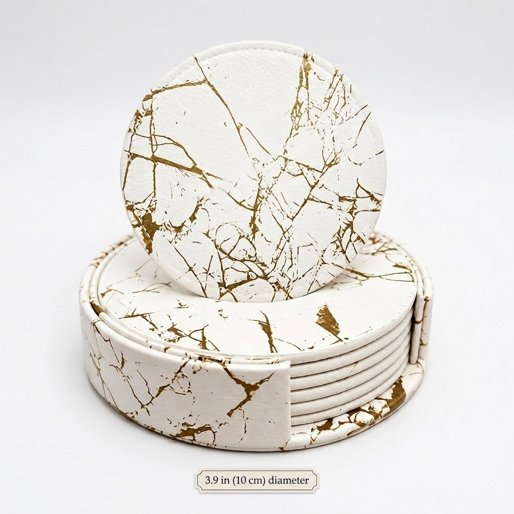 A set of round coasters with a white faux-leather surface and a metallic gold marble vein pattern, stacked inside a matching circular holder. A small text label at the bottom reads '3.